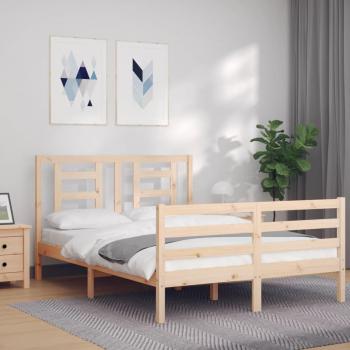 Cama de matrimonio con cabecero doble pequeño en madera maciza color marrón