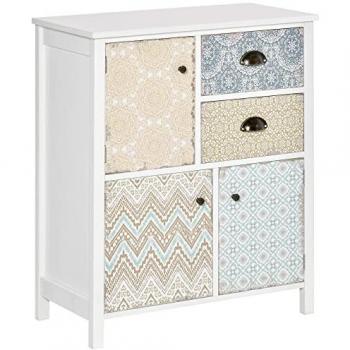 Cómoda Bohemia Multicolor con 2 Cajones y 3 Compartimentos, Diseño Anti-vuelco para Dormitorio y Salón, 68x34x80 cm, Blanco - Homcom