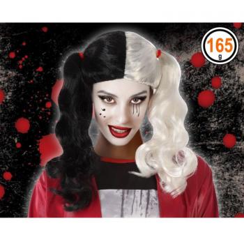 Peluca de Halloween Arlequín Blanco BB Carnival - Peluca de fibra sintética, diseño de arlequín en blanco y negro, ideal para fiestas y disfraces, tamaño ajustable, fácil de usar y mantener