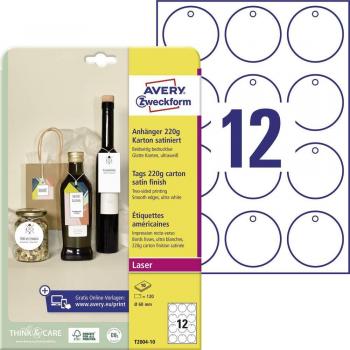 Etiqueta colgante Avery blanca 60 mm diámetro imprimible doble cara cartón 220 gr pack de 120 unidades