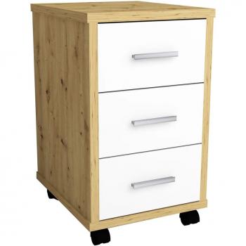 Cajonera móvil FMD color blanco brillante y roble artesanal, madera de ingeniería, dimensiones aproximadamente 35 x 53,6 x 42 cm