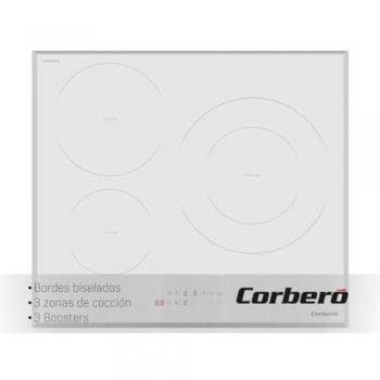 Placa de Inducción Vitrocerámica Corberó Blanca 3 Zonas 7200W con Touch Control, 3 Boosters, Zona Grande de 30 cm, Temporizador de 99 Min y Desconexión Autom