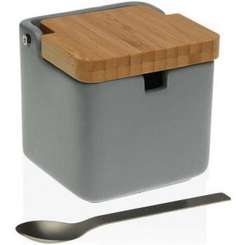 Azucarero Gris con Tapa de Bambú - Material Acero y Dolomita - Utensilios para Servir - Versa-Azucarero Versa Gris Cerámica Acero Bambú Dolomita (8,5 x 8,