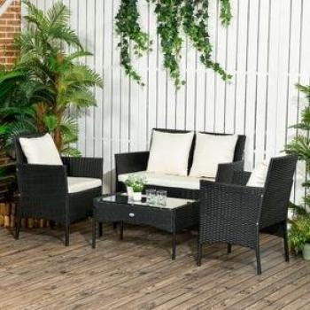 Conjunto de Jardín Martín 3 Sillones + 1 Sofá de 2 Plazas + Mesa de Centro con Tablero de Vidrio y Cojines en Negro y Crema