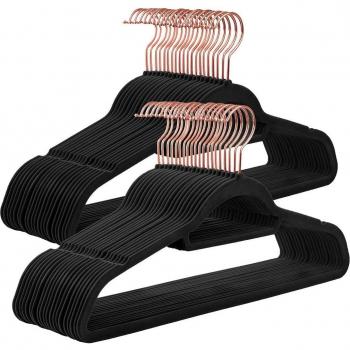 Cintres de Velours Antidérapants con Ganchos Giratorios en Roségold y Negro - Set de 50
