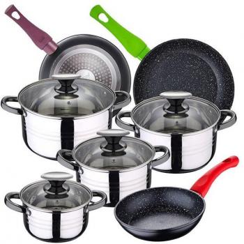San Ignacio Batería de Cocina Dina 8 Piezas de Acero Inoxidable con Juego de Sartenes Jolie (18/22/26 cm) de Aluminio Forjado