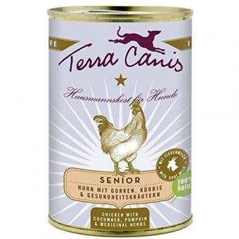 Terracanis Senior - Pollo con pepino, calabaza y hierbas medicinales (400g) - Comida húmeda sin cereales para perros