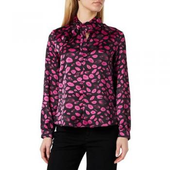 Hugo Boss Women's Black Blouse with Lip Print and Tie, Regular Fit, Size 36