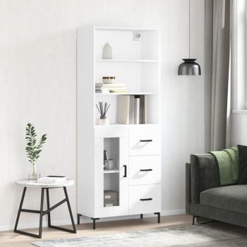 Aparador alto de madera contrachapada blanca 69,5x34x180 cm con 1 puerta de cristal y 3 cajones, mueble de almacenaje para salón, buffet y armario auxiliar