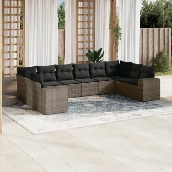 10-Piece Grey Poly Rattan Garden Sofa Set with Cushions