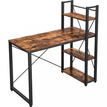 Escritorio versátil de 120 cm con estantes ajustables, mesa de ordenador para estudio y oficina en casa, diseño industrial marrón rústico y negro, dimensiones 56 x 120 x 120 cm, montaje sencillo