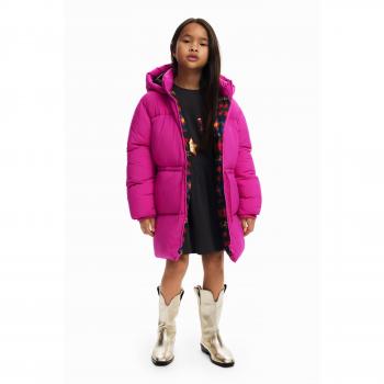 Abrigo largo acolchado de niña Desigual con mangas abullonadas, plumas rosa, casual, poliamida, moda infantil 2024