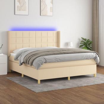 Cama Box Spring con Colchón y Luces LED Tela Crema 160x200 cm