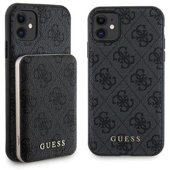 Guess Set Funda Rígida + Powerbank 5000mAh MagSafe para iPhone 11 (6.1) Negro con Logo Metálico 4G