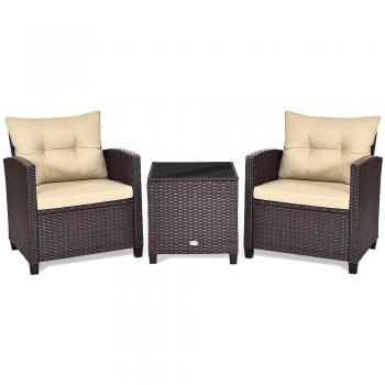 3-Piece Rattan Patio Furniture Set with Large Cushions - Beige