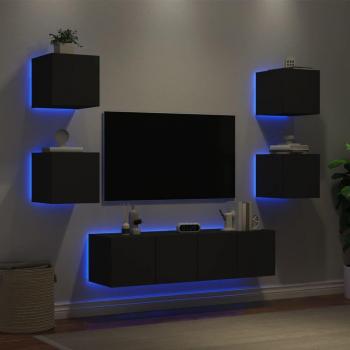 Muebles de TV de pared con LED 6 piezas en madera de ingeniería color negro