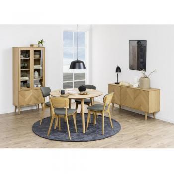 Mesa de Comedor Redonda Nagano, Ø 120 cm, Decoración en Roble con Diseño de Pescado