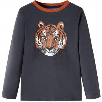 Camiseta para Niños Manga Larga Estampado de Tigre Ropa Infantil Gris Antracita 116