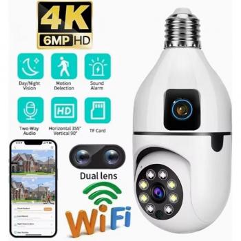 Bombilla WiFi 6MP E27 con Cámara de Vigilancia Doble Lente, Visión Nocturna en Color, Alarma de Voz Inalámbrica, Monitor de Seguridad para Hogar Inteligente