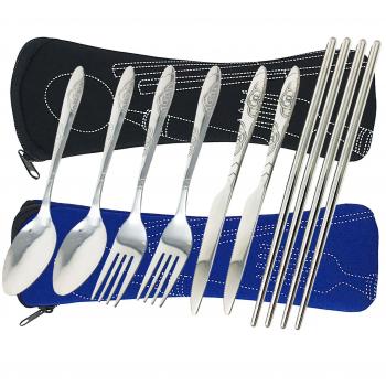 8 piezas cubiertos cuchillo, tenedor, cuchara, palillos, fibon 2 paquetes de acero inoxidable inoxidable vajilla vajilla con el caso de transporte para viajar camping picnic trabajo de senderismo