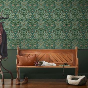 William Morris Blackthorn Retro Smooth Wallpaper - Deep Green, 10m x 52cm