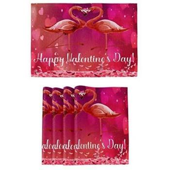 Juego de 1 mantel individual con diseño de flamenco de corazón para el día de San Valentín, poliéster, multicolor, 12 * 18inx6