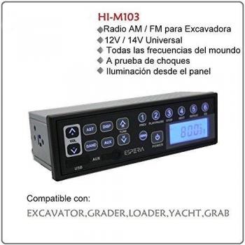 Unho®Radio AM / FM para Excavadora y reproductor Mp3 Estéreo Multi Función con AUX, entrada de USB, 2mA corriente de espera, 12V / 14V, Pantalla LCD para Vehículos Grandes excavadora, tractores, camiones, Kart, Yate, Cargador, niveladora