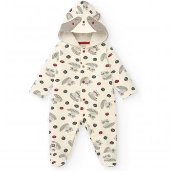 Pelele de bebé niño con capucha en blanco y estampado de mapaches Tuc Tuc