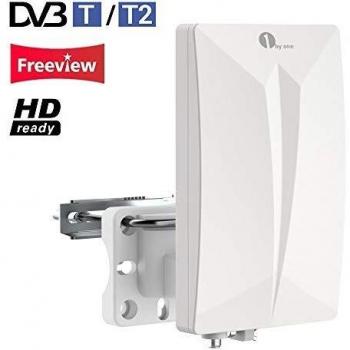 1Byone Antena TV TDT Interior/Exterior para HDTV/Televisión DVB-T/DVB-T2 / Receptor, VHF/UHF/FM, 4G LTE Fliter antirreflejos, Revestimiento UV, Resistente al Agua y bündiges Diseño
