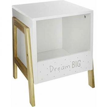 Mesita de Noche Infantil 1 Cajón con Patas de Madera de Pino Blanco y Roble Claro, Fabricado en Melamina 33 cm y Caja de Almacenamiento Infantil Blanca 33 x 40 cm Atmosphera