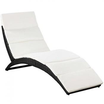 Folding Sun Lounger with Cushion Black Poly Rattan