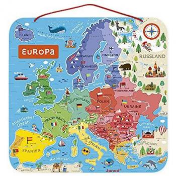 Janod Mapa De Europa Magnético de Madera - Puzzle Educativo Geográfico con 40 imanes, para colgar en la pared, versión alemana, recomendado para edades desde 7 años