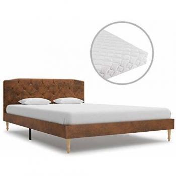 vidaXL Cama y Colchón Piel Ante Sintética Marrón 140x200cm Tapizada Mobiliario Casa Hogar Somier Diseño Discreto Elegante Estructura Robusta Duradera