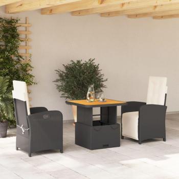 3-Piece Black Poly Rattan Garden Dining Set with Cushions