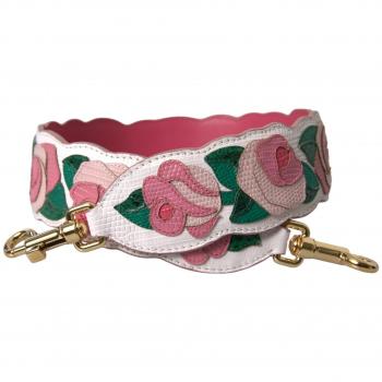 Floral White Leather Adjustable Shoulder Strap and Reversible Black/White Leather Belt with Gold Buckle for Women and Men - One Size