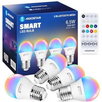 Bombilla LED Inteligente Bluetooth Mesh G45 E27 6.5W RGB+CCT 555LM Compatible con Alexa y Google Home - Pack de 4 Unidades
