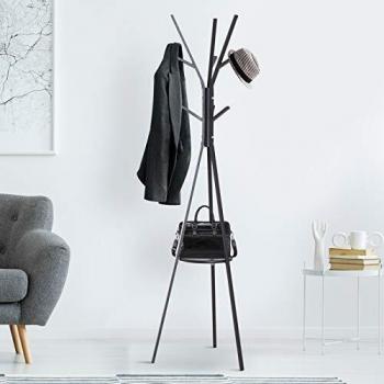 HOMCOM Perchero de Pie Metálico para Colgar Ropa Bolsas 9 Ganchos con Estante Forma de Árbol Perchero Vintage 45x45x180cm