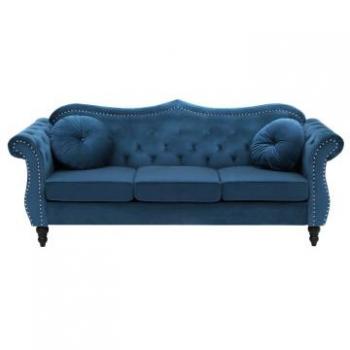 Sofá de 3 plazas tapizado en terciopelo azul con botones de adorno y apoyabrazos enrollados estilo glam Skien