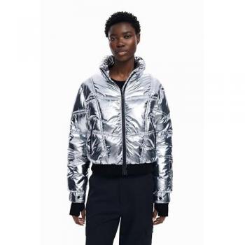 Plumífero metalizado con capucha para mujer Desigual Alesund, corto y acolchado, color negro, talla XS