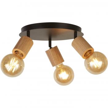 Foco de Techo Industrial-Nórdico Spinso 3 Luces E27 Acero Negro y Madera Marrón