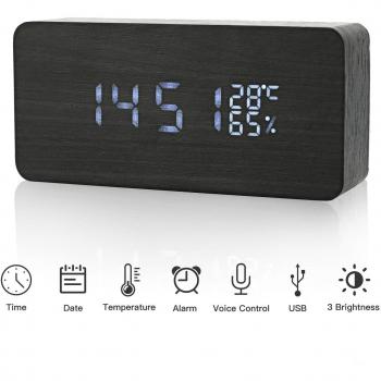 JoyShop LED Reloj Despertador Digital de Madera Relojes USB 3 Niveles Brillo Ajustable Voz Touch Activado Mostrar Hora Fecha Semana Humedad Temperatura para Habitaciones de casa Oficina Niños