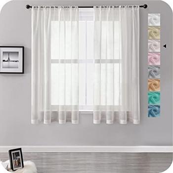 MRTREES Cortinas Visillos Habitacion Rosa Gris 2 Piezas 140X160cm Cortinas Translucidas de Lino Efecto con Rod Bolsillo Visillos Cortos para Ventanas Salon Dormitorio Infantil Juvenil Cocina Comedor