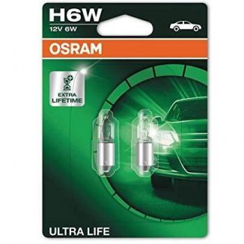 OSRAM ULTRA LIFE H6W, Lámpara halógena, luz de estacionamiento y de posición, 64132ULT-02B, automóvil de 12 V, ampolla doble