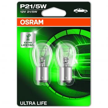 OSRAM ULTRA LIFE P21/5W BAY15D 7528ULT-02B Bombilla de Freno Trasero e Inversor de Luz para Automóvil, Larga Duración, Blister Doble (2 Piezas)