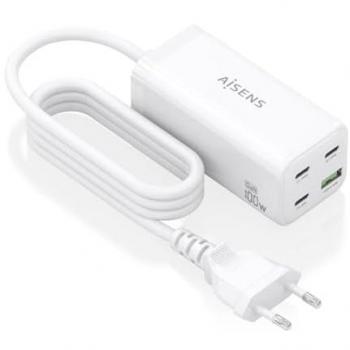 Cargador Sobremesa GaN 100W Aisens, 3x USB-C PD/QC y 1x USB-A QC3.0, Blanco