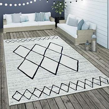 Alfombra Geométrica Escandinava de Tejido Plano para Interior y Exterior, Blanco y Azul, 80x150 cm