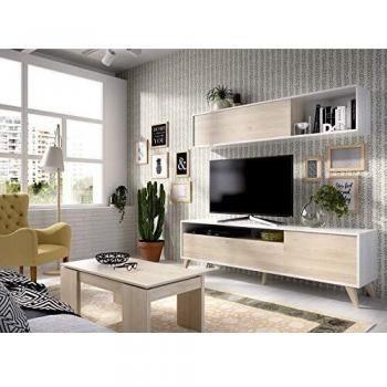 Muebles La Factoria - Mueble de salón Moderno Ancho 180 Blanco Brillo y Natural