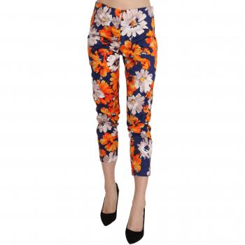 Blue Floral Print Skinny Slim Fit Trousers Pants