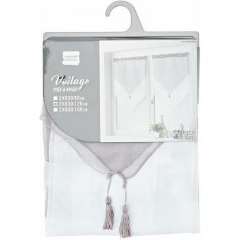 Visillo Bicolor con Pompón y Presillas 60x120 cm - Blanco/Gris, Tejido Ligero, Fácil Instalación, Lavable, Ideal para Decoración Moderna