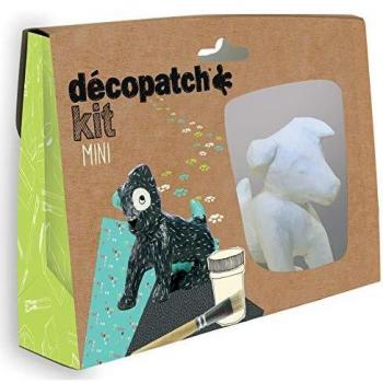 Décopatch KIT017O - Un mini-kit comprenant un animal en papier pulpé blanc, 2 feuilles Décopatch, un pinceau et un pot de vernis colle, Chien